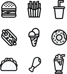 Delicious fast food icons featuring a burger fries hotdog donut ice cream taco chicken leg and milkshake Vector illustration EPS download