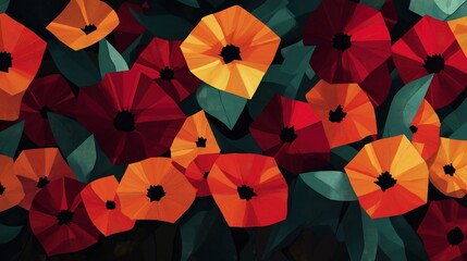Modern Geometric Floral Pattern in Bold Red and Green Tones

