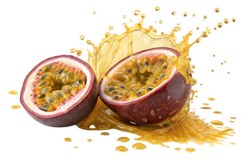 Juicy passion fruit halves splashing with tropical juice isolated on transparent background