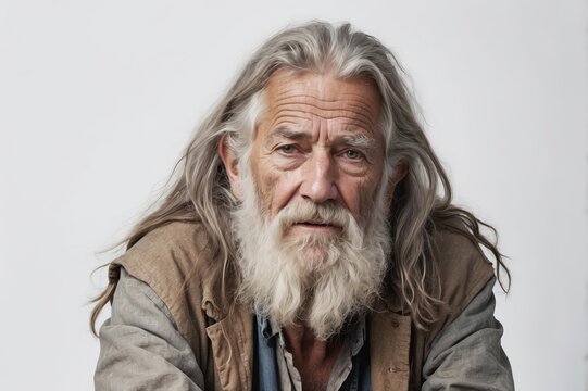 Close-up portrait of a senior man with long gray hair and beard