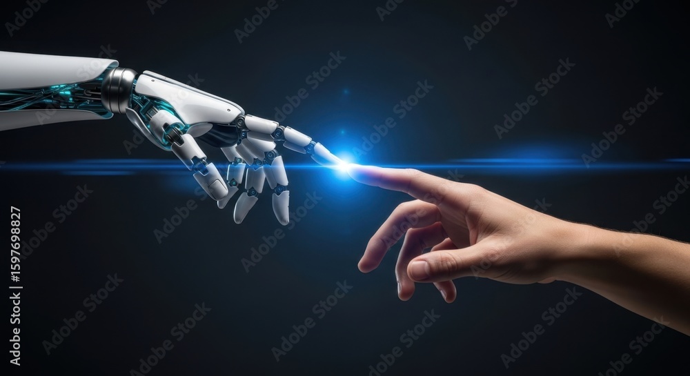 Aufkleber human and robot hands reaching to touch, symbolizing connection and the future of technology with a 