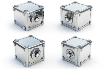 Fototapeta premium Four metallic cube safe with combination lock and detailed design against a white background