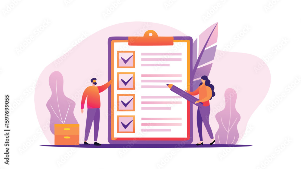 Poster people completing a checklist on a clipboard with checkmarks and a pencil in a modern design style