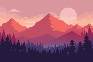Serene Mountain Landscape at Sunset with a Forested Foreground and Dusk Sky