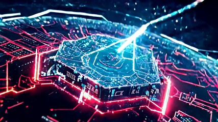 Abstract digital representation of a futuristic city with glowing neon lines and geometric shapes. - Powered by Adobe