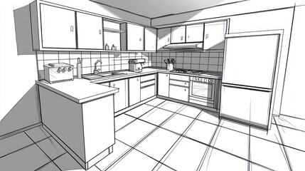 Interior sketch of a modern kitchen design.