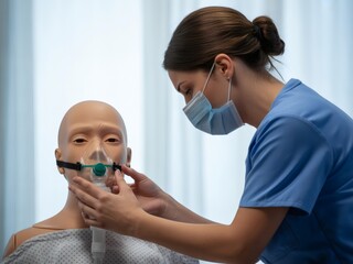 Photo of a nurse is administering oxygen to a patient with respiratory problems in a hospital setting