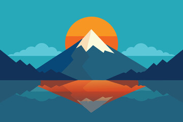 Serene Mountain Reflection at Sunrise with Vibrant Orange Sun