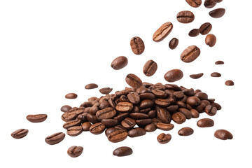 Roasted coffee beans falling and piling up isolated on transparent background