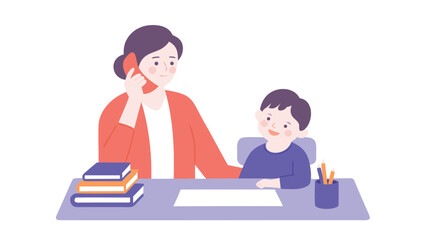Woman talking on the phone while her child sits at a desk with books and art supplies in the background