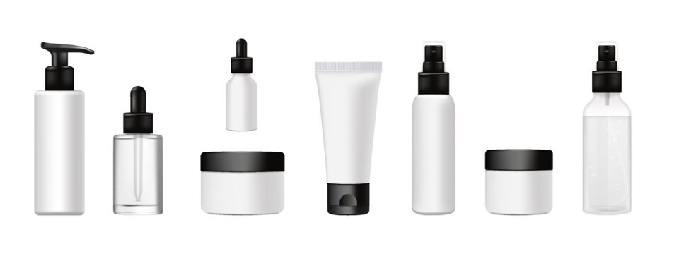 Realistic 3D cosmetic bottles, cream jars and tube, pump bottles, serum flasks, liquid soap with plastic and transparent clear glass variants. Isolated on white background. Vector illustration