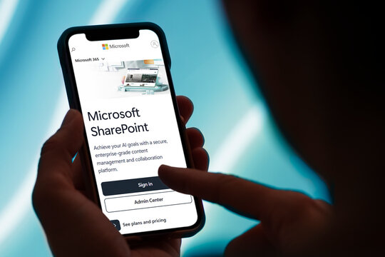 Guilherand-Granges, France - July 21, 2025. Microsoft SharePoint enables organizations to securely collaborate, manage documents, and build intranet sites, integrated with Microsoft 365.