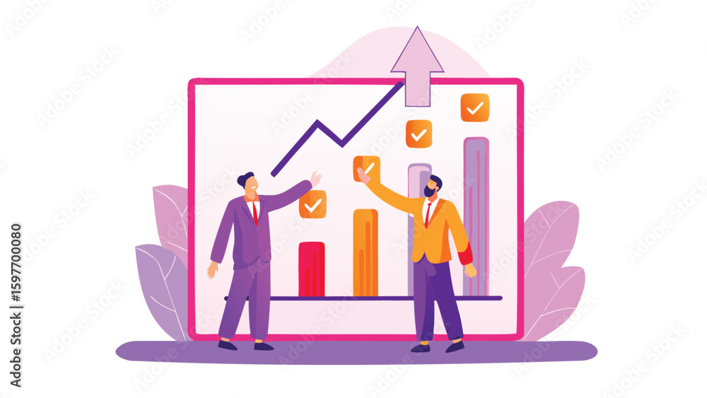 Poster two business people analyzing a graph with an upward arrow and check marks on a white background