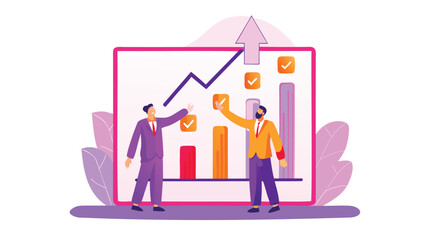Two business people analyzing a graph with an upward arrow and check marks on a white background