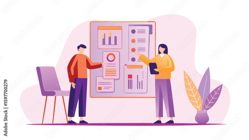 Poster two people discussing data on a presentation board with charts and graphs in a light purple room
