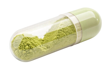 Clear gelatin capsule filled with green powder isolated on transparent background