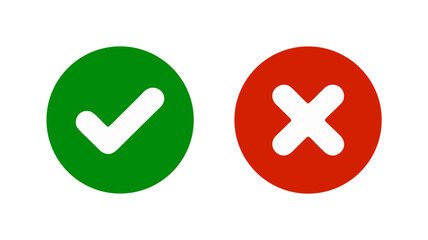 Set of tick and cross icons in green and red circles, isolated on transparent background.  Signs for right and wrong, yes and no, true and false. for lists, comparison tables and evaluation systems.