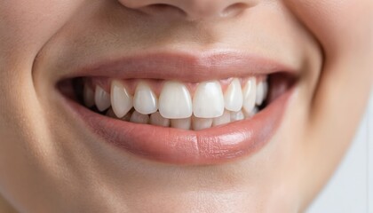 Fototapeta premium Close-up of woman radiant smile, perfectly aligned, white teeth, glossy lips. Dental care visual emphasizes smile transformation, personal satisfaction, healthy gums, oral hygiene.