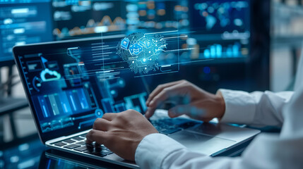 LLM large language model and custom AI solutions. Artificial intelligence driven automation technology. Businessman using laptop computer for training and instructing AI