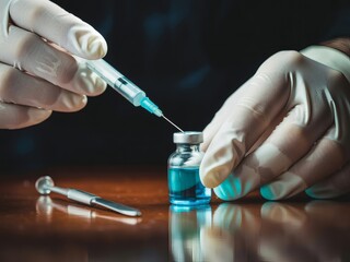 Photo of a gloved hand prepares a vaccine dose with a syringe and vial