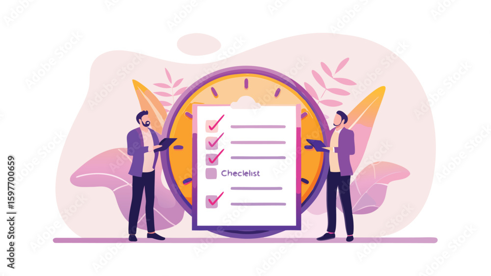Poster two men flank a checklist with checkmarks and a clock in a stylized business illustration