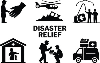Black and white disaster relief icons showing aid and assistance efforts