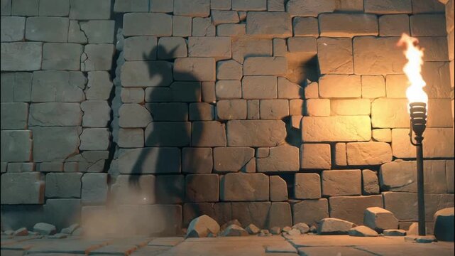 A torch illuminates a cracked stone wall and a shadowy figure