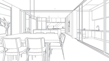 Open-plan kitchen and dining area design sketch.