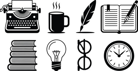 Flat lay illustration of writing related icons on a plain background area