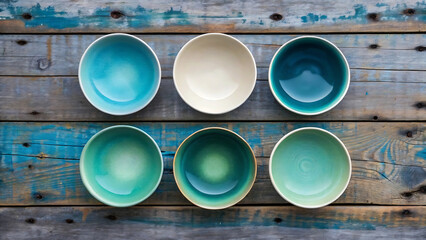 Six oval ceramic bowls in various shades of blue and green arranged on weathered wooden planks