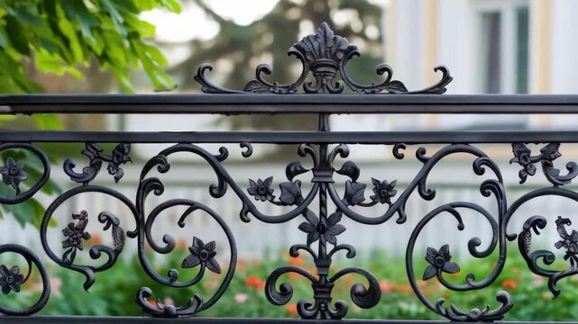 View of a beautiful fence with wrought iron elements and flowers. Excellent choice for decoration of gardens and parks, as well as for advertising decorative metal products.
