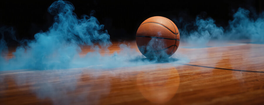Basketball on wooden court surrounded by blue smoke. Dynamic atmosphere suggests excitement, competition, and athletic performance. Focus on ball, wood floor, and dramatic smoke effects.