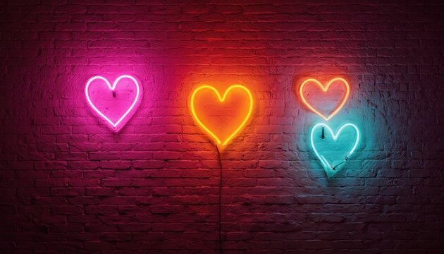 Vibrant neon heart signs illuminate textured brick wall. Pink, orange, turquoise lights glow against dark, rustic surface. Urban decoration evokes love, romance with electric city night ambiance. - Powered by Adobe