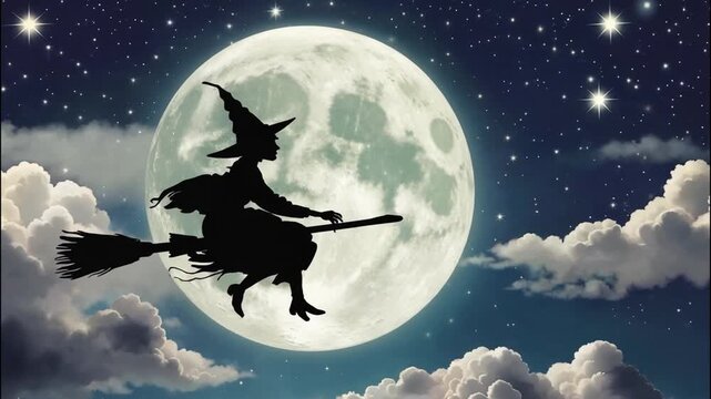 A witch on a broom flies in front of a full moon