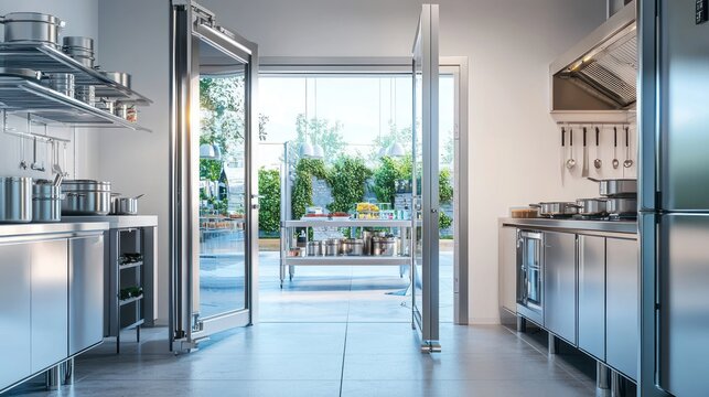 Modern stainless steel commercial kitchen with outdoor patio access.