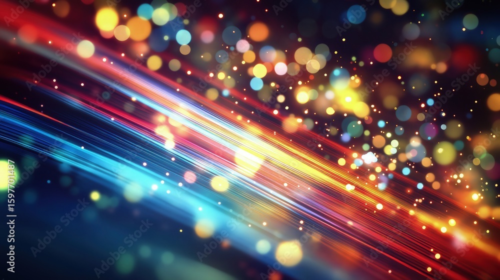 Poster colorful light streaks on dark background with bokeh effect