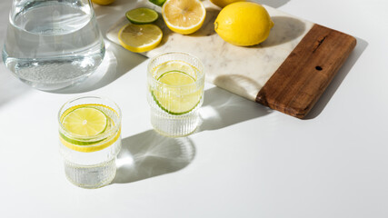 Glass cups and a jug of clean, clear drinking lemon and lime water on a white table. Sunny day and sharp shadows from glass of lemonade