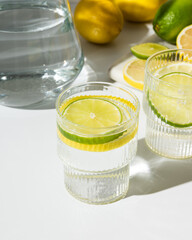 Glass cups and a jug of clean, clear drinking lemon and lime water on a white table. Sunny day and sharp shadows from glass of lemonade