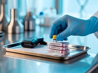 Photo of a gloved hand is placing a blood sample tube on a tray in a laboratory