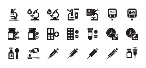 Health and medical icon set. Laboratory icon collection. Medication and drug icons. Contain icon of pharmacy, microscope, lab, prescription, vitamin, syrup, blood test, injection. Vector illustration