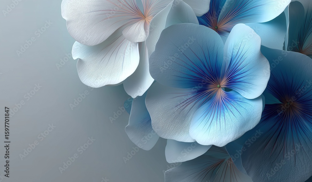 Poster 3d rendered blue and white gradient flowers with soft petals and luminous details on a seamless abst