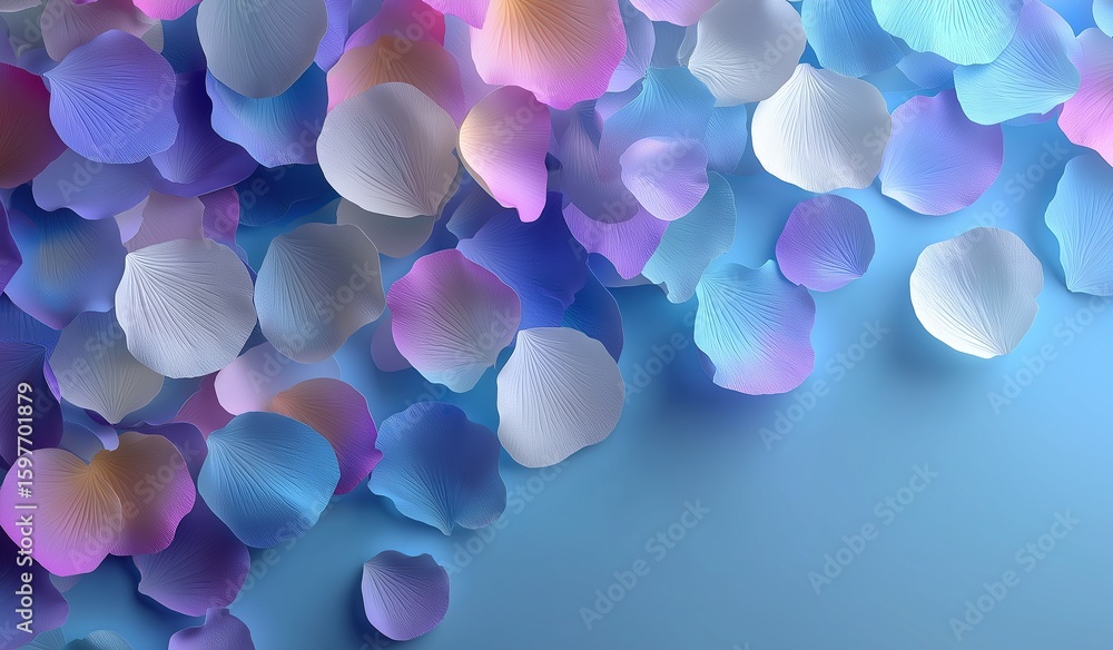 Poster abstract floating petals in gradient blue and purple pastel tones with soft luminous details for mod