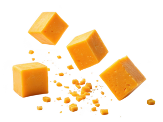 Four cubes of cheddar cheese falling and crumbled isolated on transparent background
