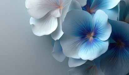 3D rendered blue and white gradient flowers with soft petals and luminous details on a seamless abstract background for digital design and artistic concepts