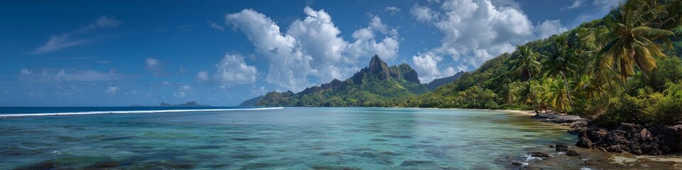 wide tropical coast view with distant island and balanced composition