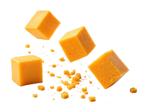 Four cubes of cheddar cheese falling and crumbled isolated on transparent background