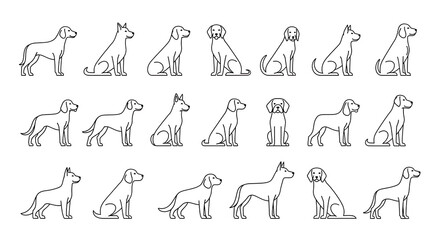 Various dog breeds depicted in simple line art canine animal