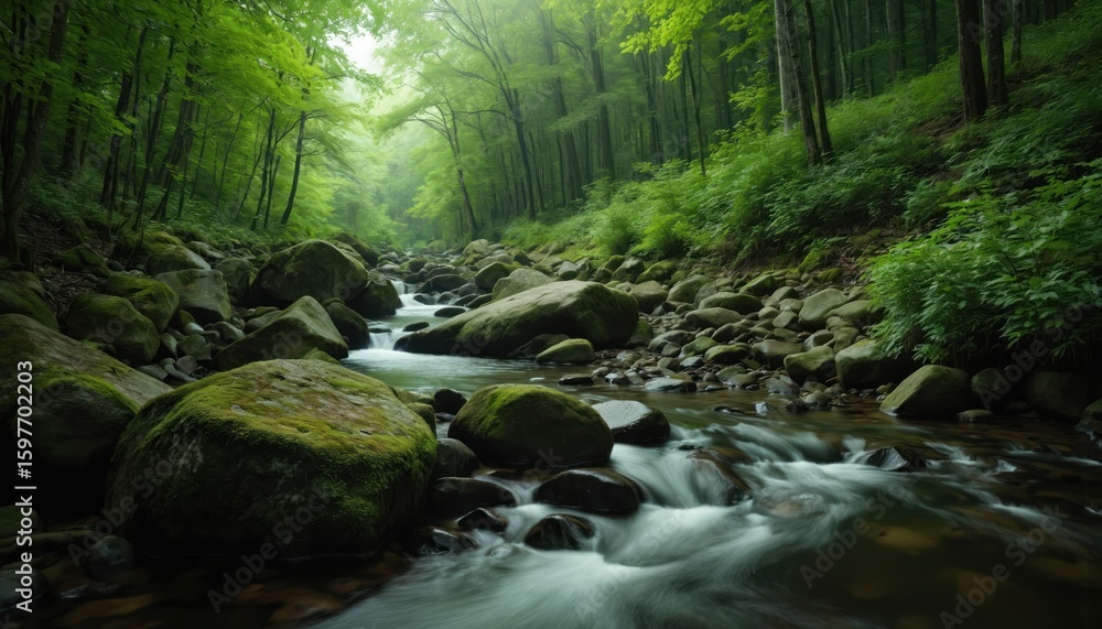 Aufkleber lush green forest with tranquil stream flowing over mossy rocks. sunlight filters through dense tree
