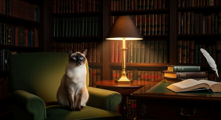Elegant Siamese Cat in Opulent Library – Velvet Armchair, Vintage Lamp Glow