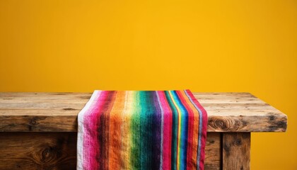 Rustic wooden table displays vibrant Mexican fabric runner. Colorful striped textile complements rough wood surface, ideal for culinary themes, menu backgrounds, recipe displays. Provides ample copy